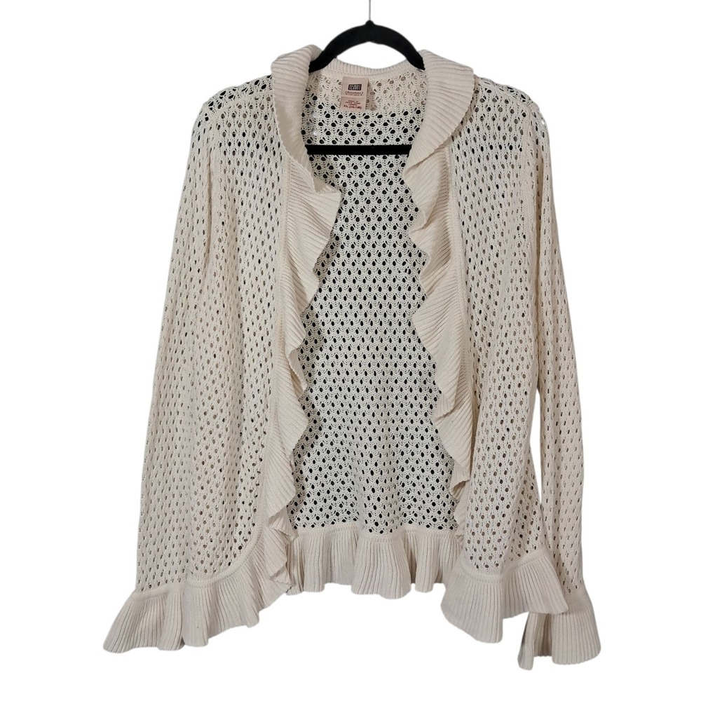 Vintage Faded Glory Cardigan‎ XL Cream Open Knit Ruffles Y2K Boho Euro Fairy VTG